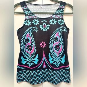 Floral Print Tank Top Sleeveless Shirt Blue Black & Purple Sz SM NEW!